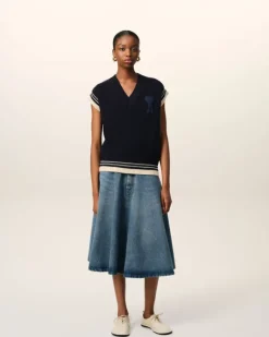 Ami Paris Navy Wool Ribbed Sleeveless V Neck Sweater NAVY BLUE Clearance