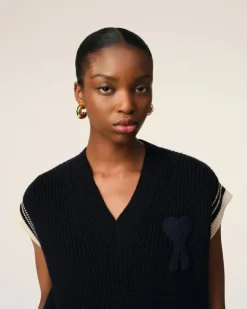 Ami Paris Navy Wool Ribbed Sleeveless V Neck Sweater NAVY BLUE Clearance