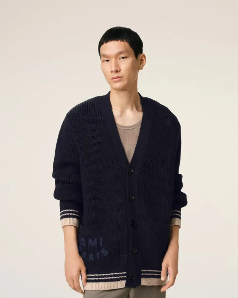 Ami Paris Navy Wool Ribbed Sweater NAVY BLUE Cheap