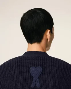 Ami Paris Navy Wool Ribbed Sweater NAVY BLUE Cheap
