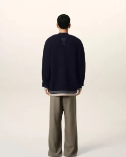 Ami Paris Navy Wool Ribbed Sweater NAVY BLUE Cheap