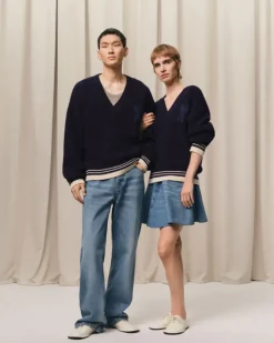Ami Paris Navy Wool Ribbed V Neck Sweater NAVY BLUE Outlet