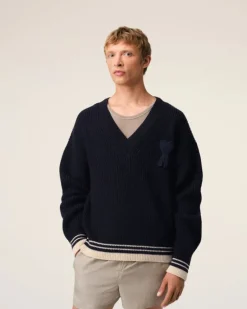 Ami Paris Navy Wool Ribbed V Neck Sweater NAVY BLUE Outlet