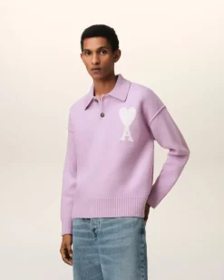 Ami Paris Purple Wool Ami de Coeur Polo LILAC/OFF WHITE Hot