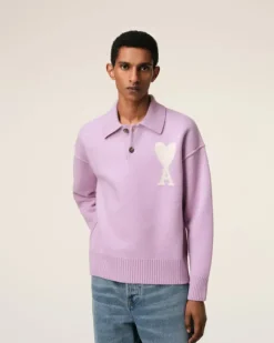 Ami Paris Purple Wool Ami de Coeur Polo LILAC/OFF WHITE Hot