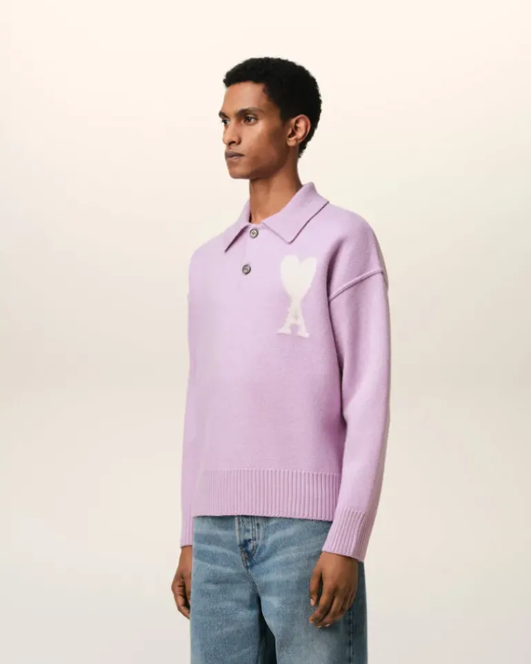 Ami Paris Purple Wool Ami de Coeur Polo LILAC/OFF WHITE Hot