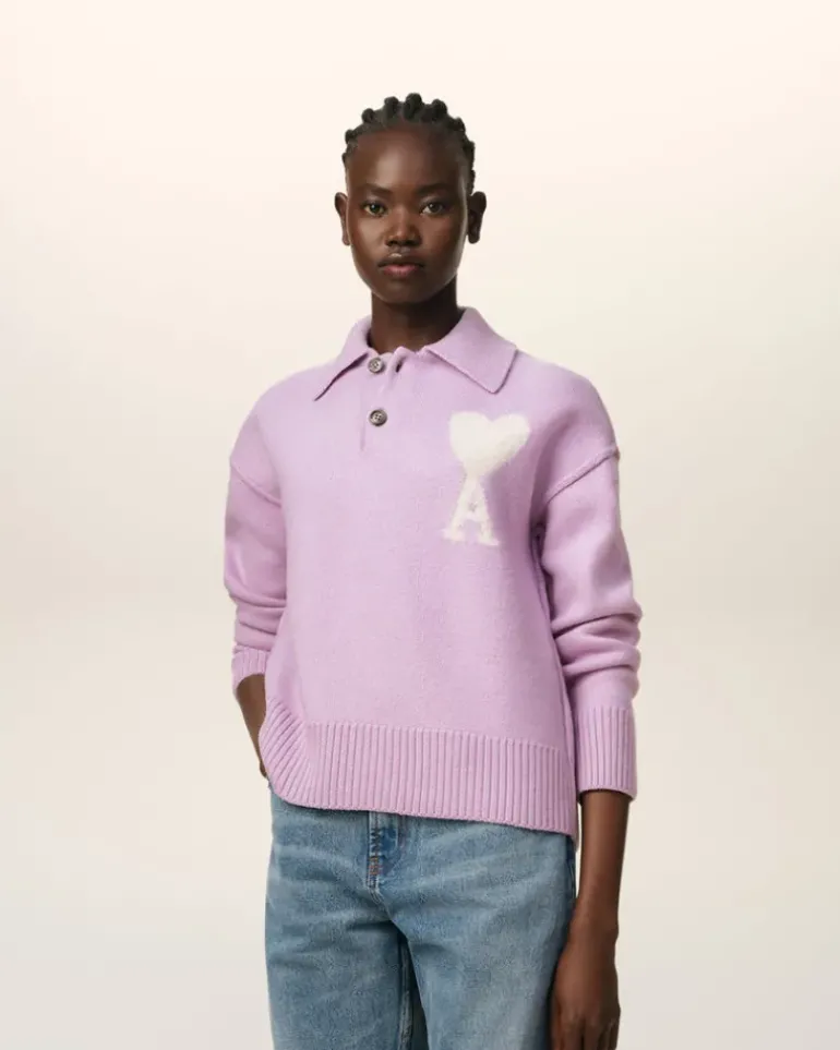 Ami Paris Purple Wool Ami de Coeur Polo LILAC/OFF WHITE Hot