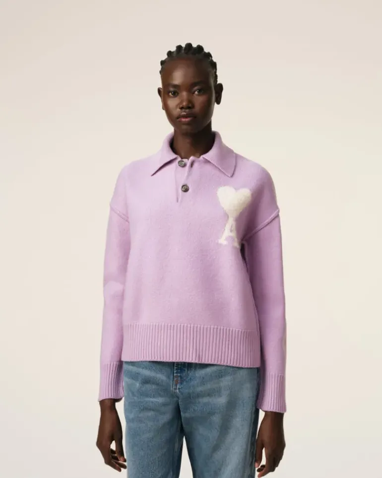 Ami Paris Purple Wool Ami de Coeur Polo LILAC/OFF WHITE Hot