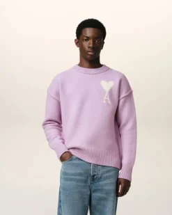Ami Paris Purple Wool Ami de Coeur Sweater LILAC/OFF WHITE New
