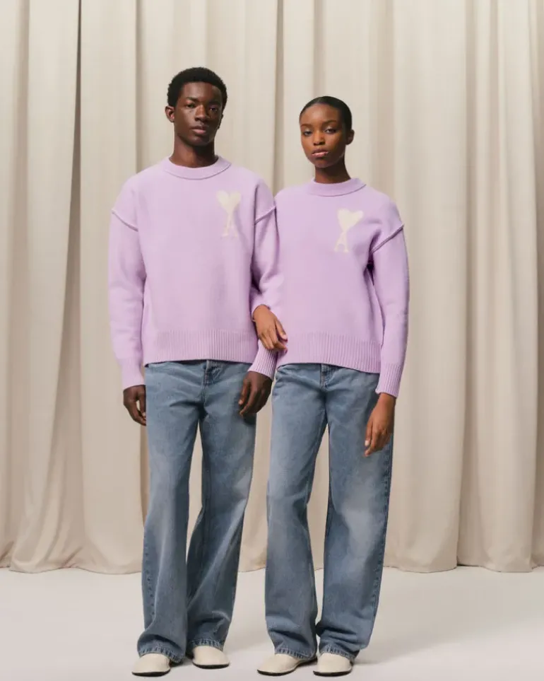 Ami Paris Purple Wool Ami de Coeur Sweater LILAC/OFF WHITE New