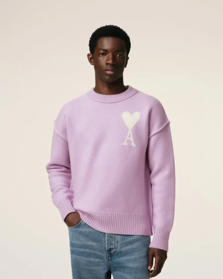 Ami Paris Purple Wool Ami de Coeur Sweater LILAC/OFF WHITE New