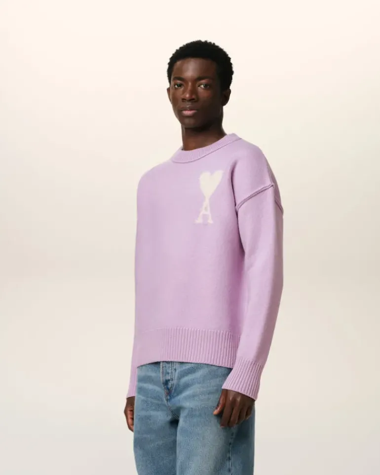 Ami Paris Purple Wool Ami de Coeur Sweater LILAC/OFF WHITE New