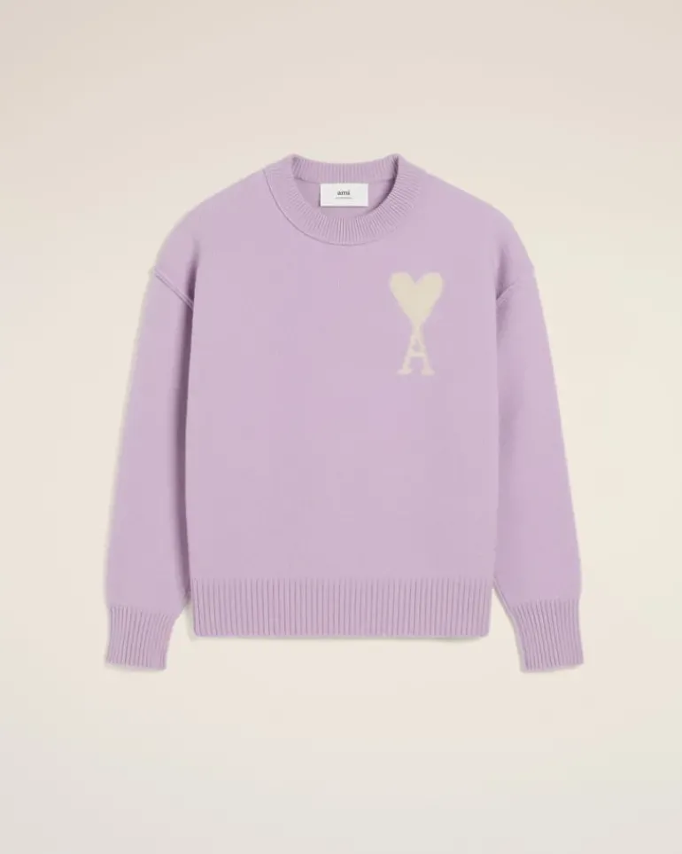 Ami Paris Purple Wool Ami de Coeur Sweater LILAC/OFF WHITE New