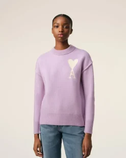 Ami Paris Purple Wool Ami de Coeur Sweater LILAC/OFF WHITE New