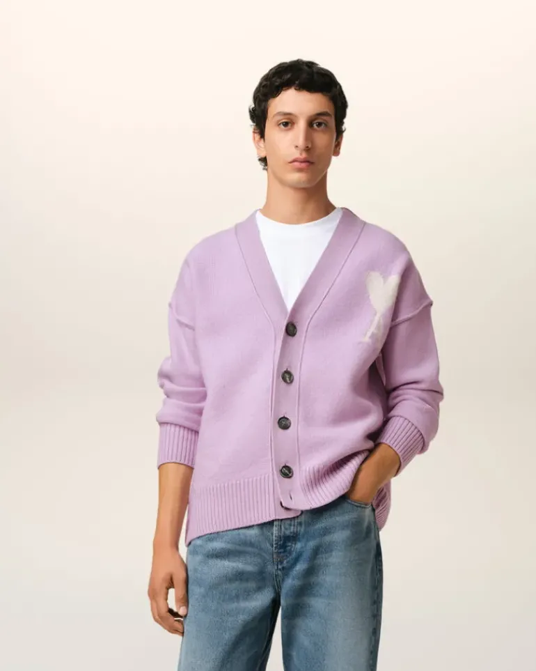 Ami Paris Purple Wool Ami de Coeur Cardigan LILAC/OFF WHITE Online