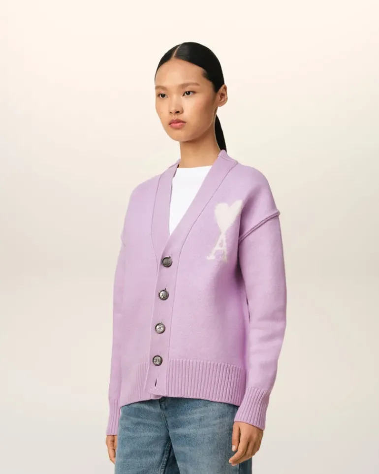 Ami Paris Purple Wool Ami de Coeur Cardigan LILAC/OFF WHITE Online