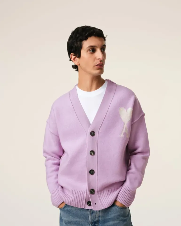 Ami Paris Purple Wool Ami de Coeur Cardigan LILAC/OFF WHITE Online