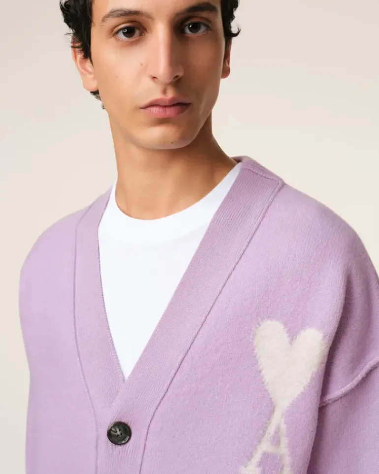 Ami Paris Purple Wool Ami de Coeur Cardigan LILAC/OFF WHITE Online