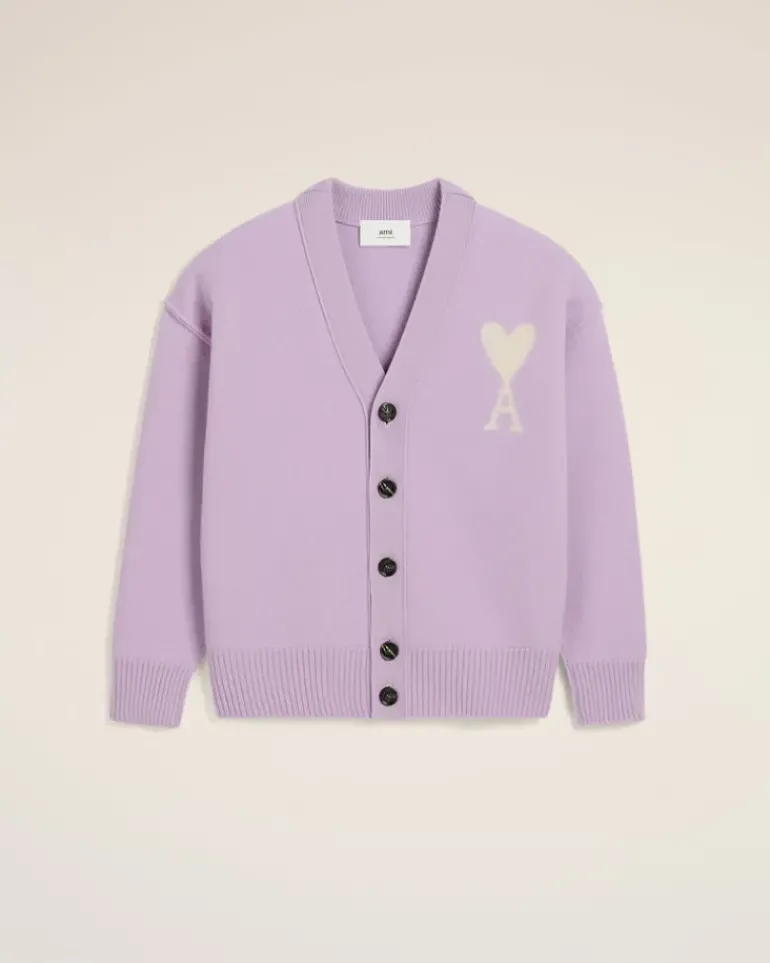 Ami Paris Purple Wool Ami de Coeur Cardigan LILAC/OFF WHITE Online