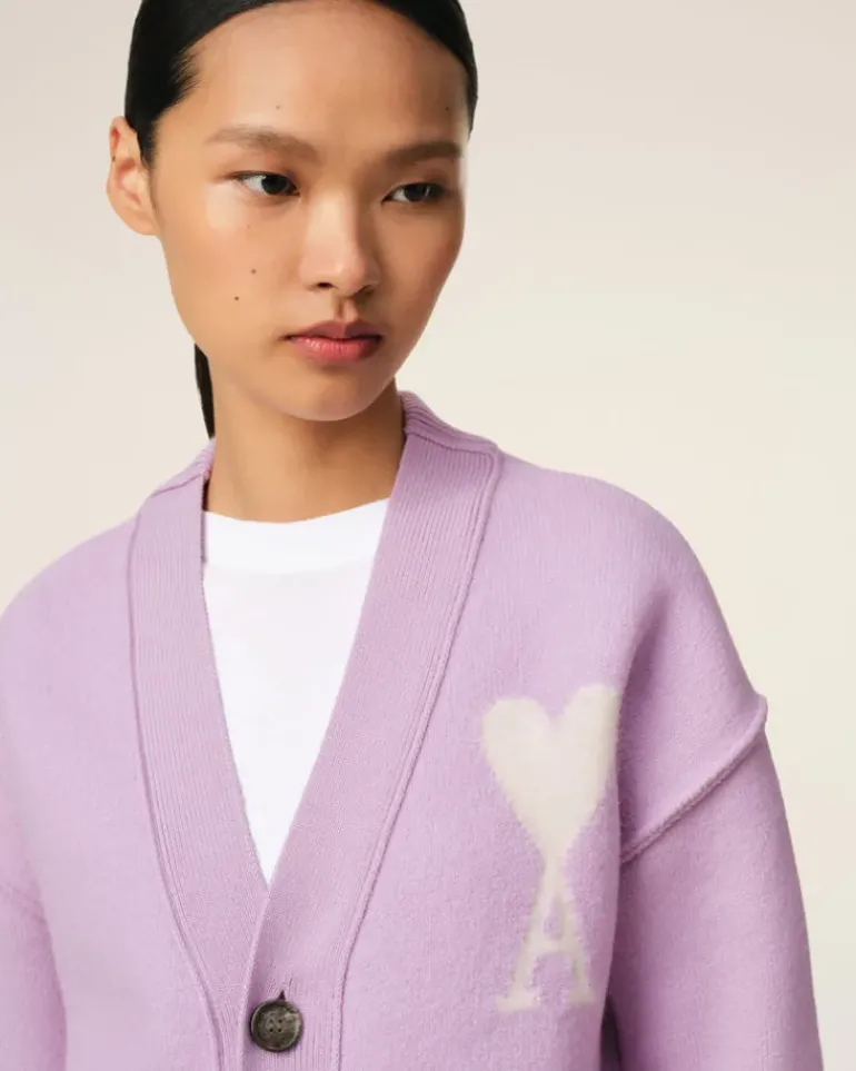 Ami Paris Purple Wool Ami de Coeur Cardigan LILAC/OFF WHITE Online