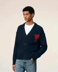 Ami Paris Red Ami de Coeur Cardigan NIGHT BLUE/RED Fashion