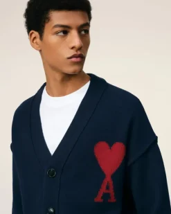 Ami Paris Red Ami de Coeur Cardigan NIGHT BLUE/RED Fashion