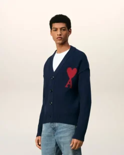 Ami Paris Red Ami de Coeur Cardigan NIGHT BLUE/RED Fashion