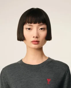 Ami Paris Red Ami de Coeur Crew Neck Sweater HEATHER GREY Store