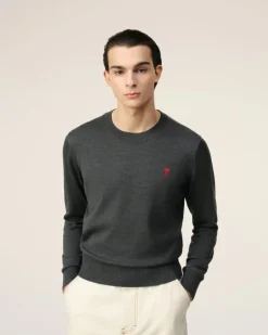 Ami Paris Red Ami de Coeur Crew Neck Sweater HEATHER GREY Fashion