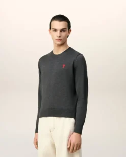 Ami Paris Red Ami de Coeur Crew Neck Sweater HEATHER GREY Fashion