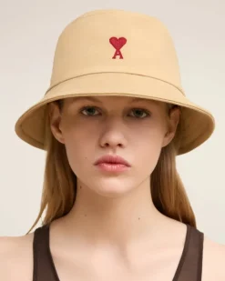 Ami Paris Red Ami de Coeur Embroidery Bucket Hat SAND Best Sale