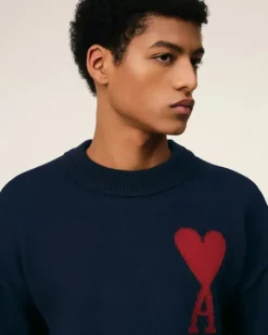 Ami Paris Red Ami de Coeur Sweater NIGHT BLUE/RED Cheap