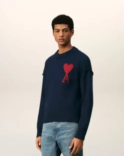 Ami Paris Red Ami de Coeur Sweater NIGHT BLUE/RED Cheap