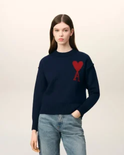 Ami Paris Red Ami de Coeur Sweater NIGHT BLUE/RED Cheap