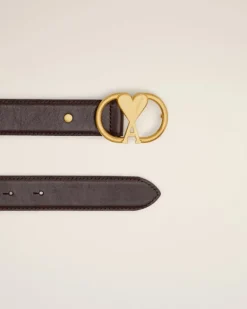 Ami Paris Red Leather Ami de Coeur Belt EGGPLANT/VIBRATED BRASS Cheap