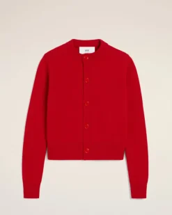 Ami Paris Red Wool Knit Ami de Coeur Crewneck Cardigan POPPY Online