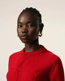 Ami Paris Red Wool Knit Ami de Coeur Crewneck Cardigan POPPY Online