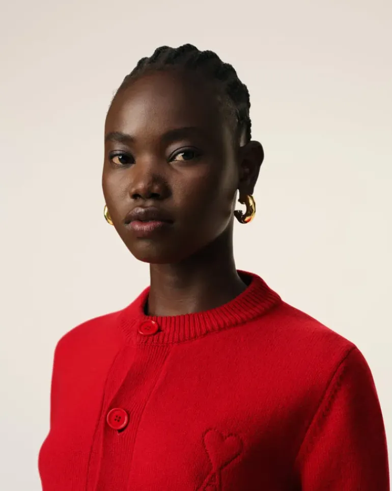 Ami Paris Red Wool Knit Ami de Coeur Crewneck Cardigan POPPY Online