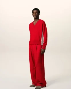 Ami Paris Red Wool Knit Bicolor V Neck Sweater POPPY/MASTIC Sale