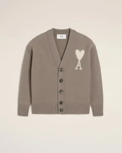 Ami Paris Taupe Wool Ami de Coeur Cardigan ASH/OFFWHITE Best Sale
