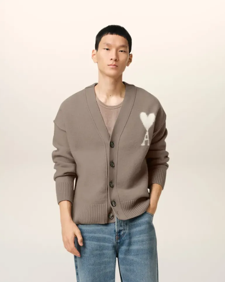 Ami Paris Taupe Wool Ami de Coeur Cardigan ASH/OFFWHITE Best Sale