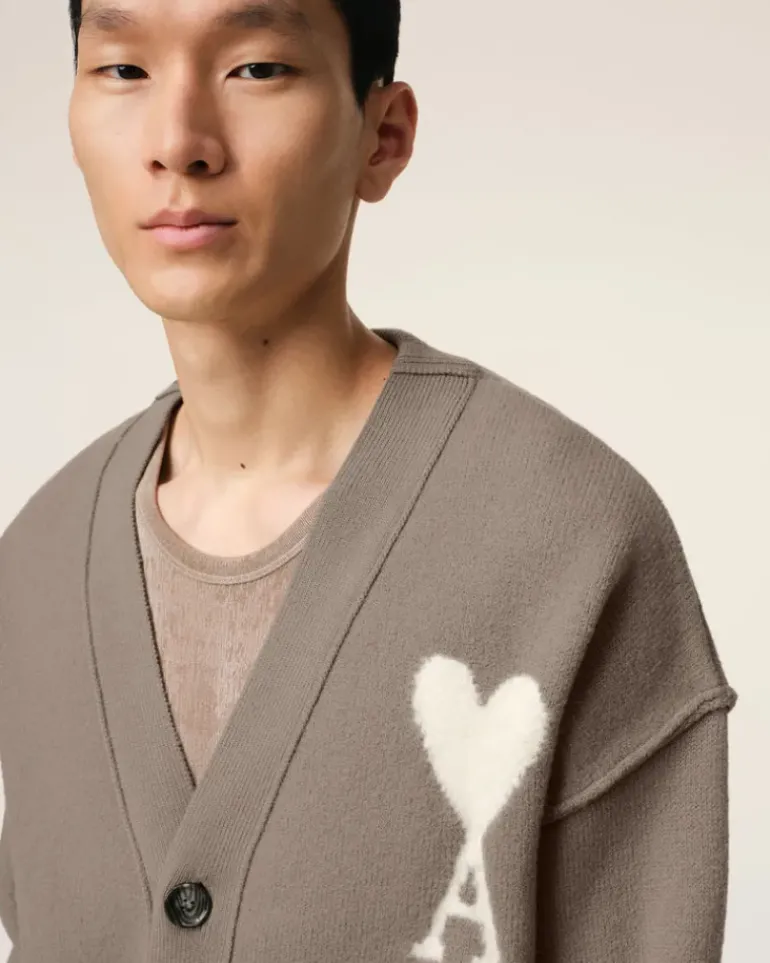 Ami Paris Taupe Wool Ami de Coeur Cardigan ASH/OFFWHITE Best Sale