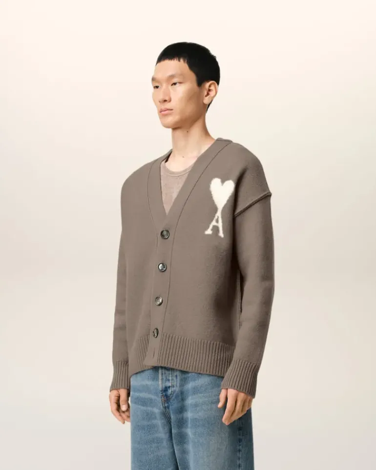 Ami Paris Taupe Wool Ami de Coeur Cardigan ASH/OFFWHITE Best Sale