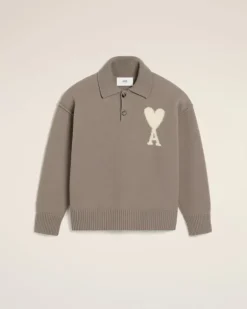 Ami Paris Taupe Wool Ami de Coeur Polo ASH/OFFWHITE Store