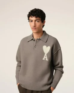 Ami Paris Taupe Wool Ami de Coeur Polo ASH/OFFWHITE Store