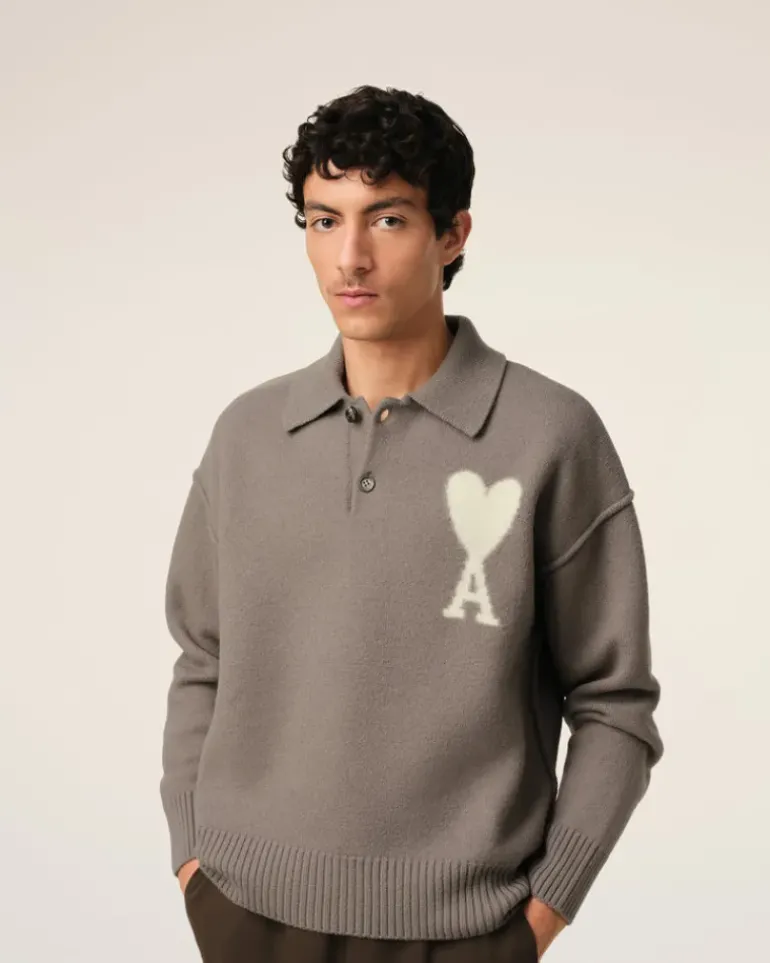 Ami Paris Taupe Wool Ami de Coeur Polo ASH/OFFWHITE Store