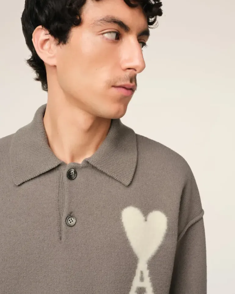 Ami Paris Taupe Wool Ami de Coeur Polo ASH/OFFWHITE Store