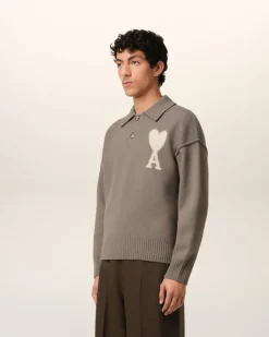 Ami Paris Taupe Wool Ami de Coeur Polo ASH/OFFWHITE Store