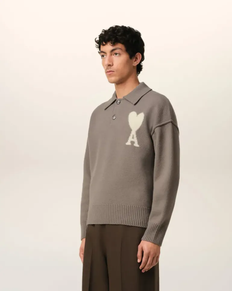 Ami Paris Taupe Wool Ami de Coeur Polo ASH/OFFWHITE Store