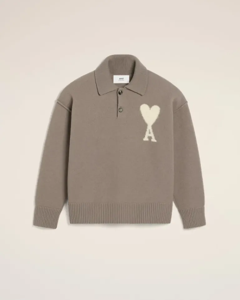 Ami Paris Taupe Wool Ami de Coeur Polo ASH/OFFWHITE Store